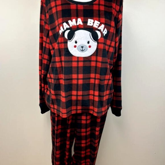 Cuddl Duds Womans Small Mama Bear Red Black Buffalo Plaid Pajamas Velour Jammies - Picture 2 of 6